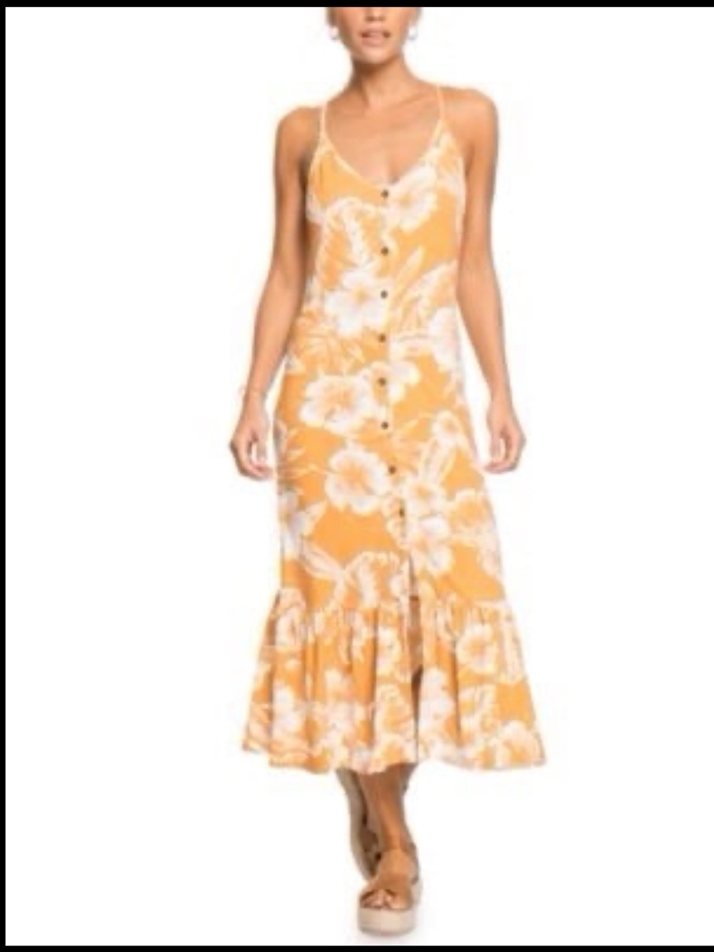 Roxy Seaside State of Mind Yellow Floral Button-Front Maxi Dress